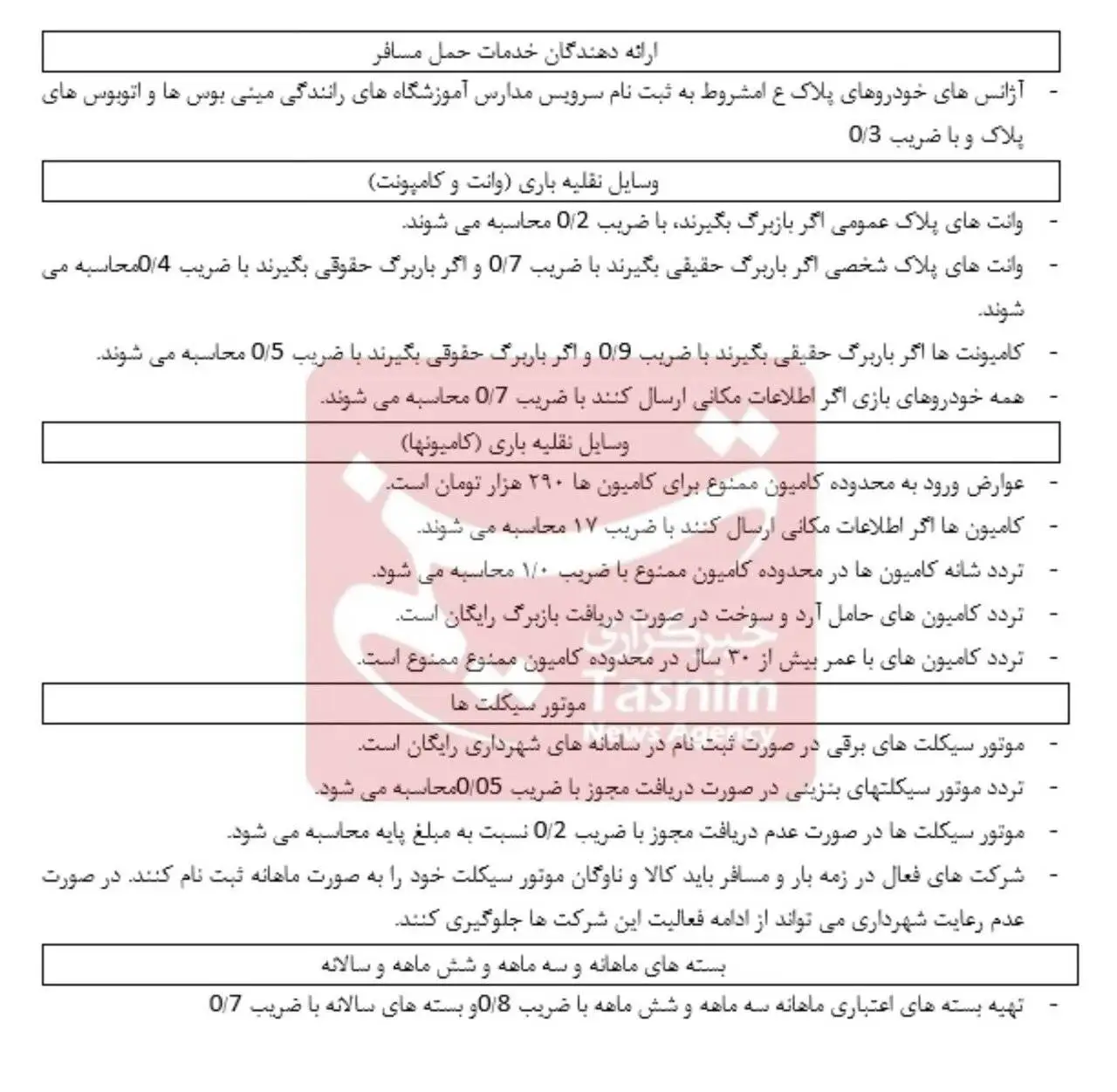 جزئیات مصوبه طرح ترافیک تهران در سال 1405 -  جدول تعرفه ها