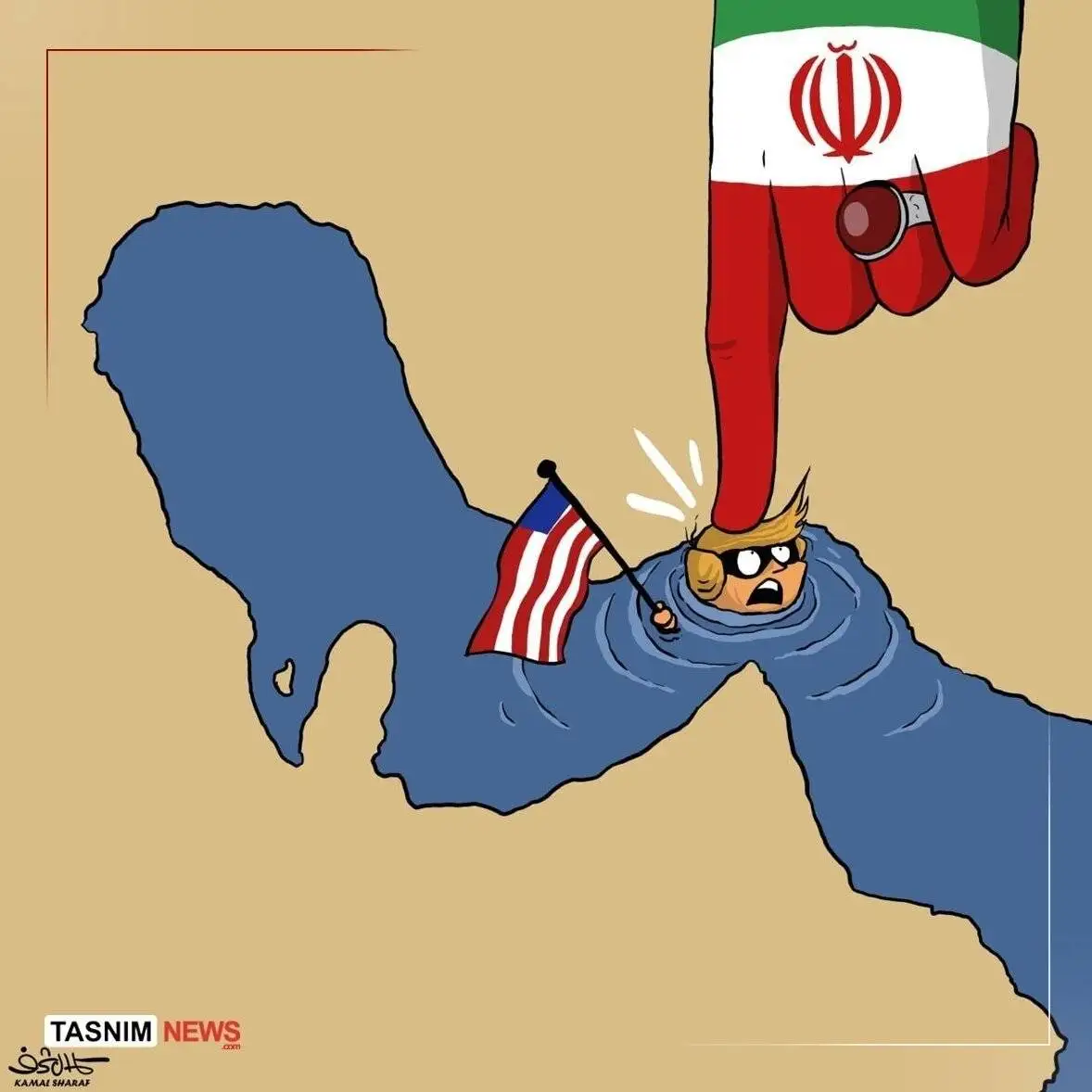 ایران، ترامپ را در تنگه هرمز غرق خواهد کرد+کاریکاتور