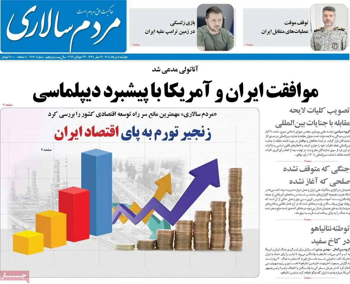 صفحه اول روزنامه های دوشنبه 5مرداد 1405