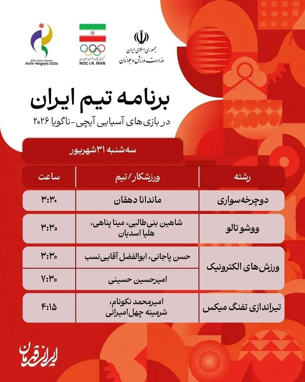 برنامه مسابقات نمایندگان ایران در روز سوم بازی های آسیایی 2026 + عکس