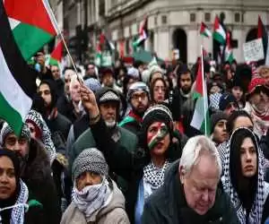 (فیلم) تجمع هواداران فلسطین هنگام استقبال صدراعظم آلمان از ریشی سوناک