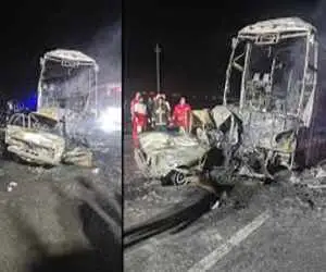 ویدیو  -  سانحه مرگبار در آزادراه کاشان ـ قم؛ 2 سرنشین پیکان در آتش فوت شدند